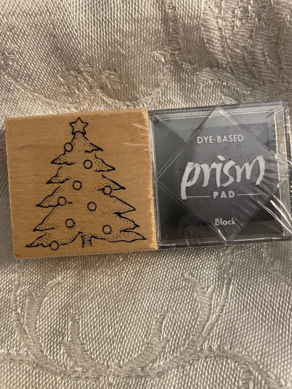 1996 Rubber Stampede Christmas Tree Stamp with Wood Top and Black Prism Ink Pad